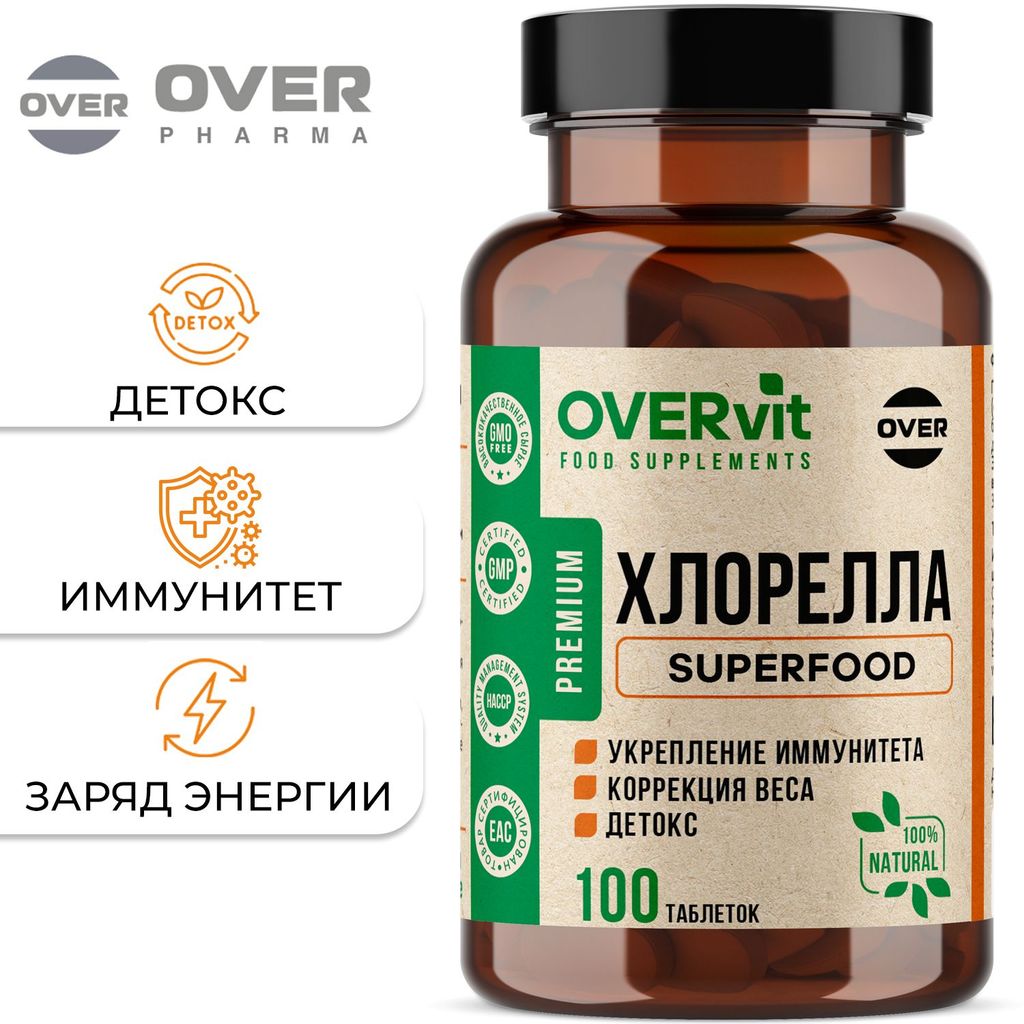 фото упаковки Overvit Хлорелла, для похудения таблетки, очищение организма, витамины для иммунитета