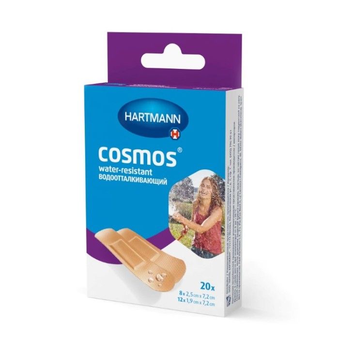 фото упаковки Cosmos Water-Resistant Пластырь, 2 размера, пластырь медицинский, водоотталкивающий, 20 шт. фото упаковки Cosmos Water-Resistant Пластырь