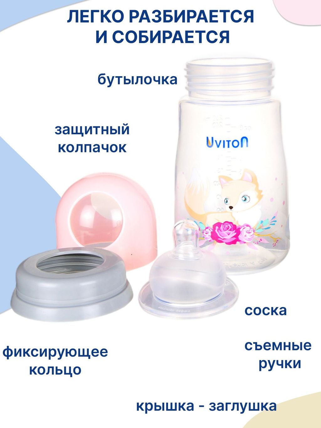 фото упаковки Uviton Бутылочка для новорожденных с широким горлышком, 0228/02, розовая, 250 мл, 1 шт. фото упаковки Uviton Бутылочка для новорожденных с широким горлышком