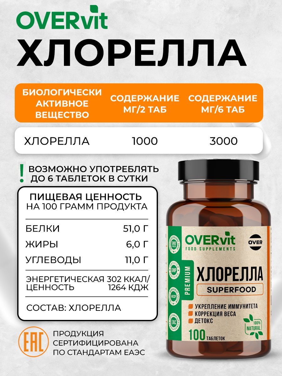 Overvit Хлорелла, для похудения таблетки, очищение организма, витамины для иммунитета, таблетки, 100 шт.