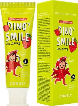 Consly Dino’s smile Детская гелевая зубная паста c ксилитом, паста зубная, клубника, 60 г, 1 шт.