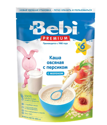 Bebi Premium Каша молочная овсяная с персиком, каша детская молочная, 200 г, 1 шт.