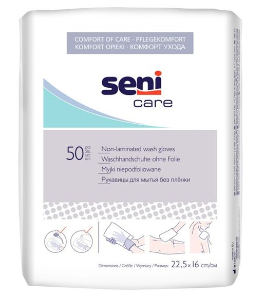 Seni Care Рукавицы для мытья без водонепроницаемой пленки, 50 шт.